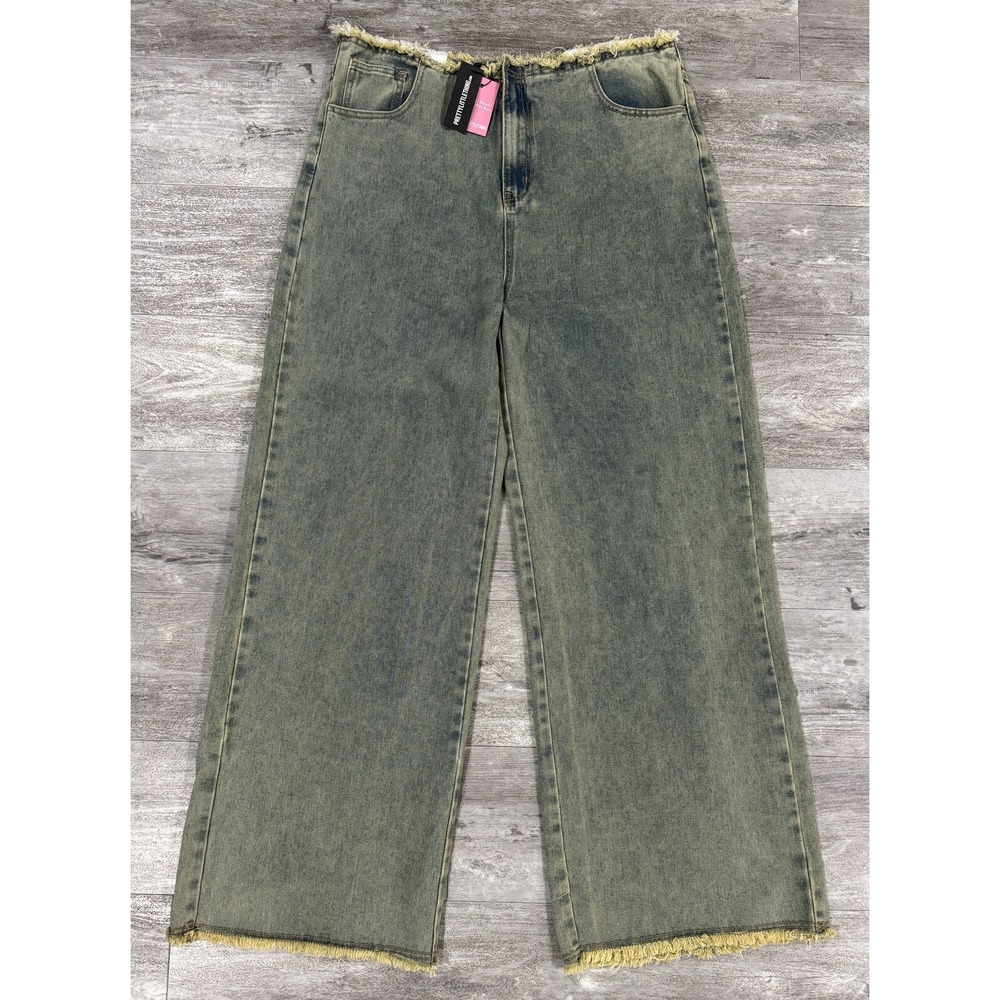 Pretty Little Thing Plus Vintage Wash Frayed Waistband Wide Leg Jeans Womens 12